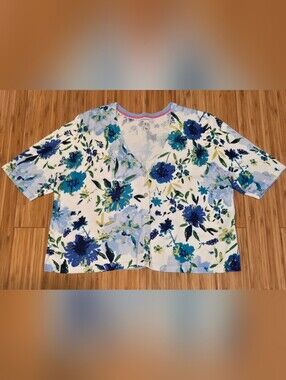 Issac Mizrahi Floral V-Neck Short Sleeve Women's Sweater - Blue/White